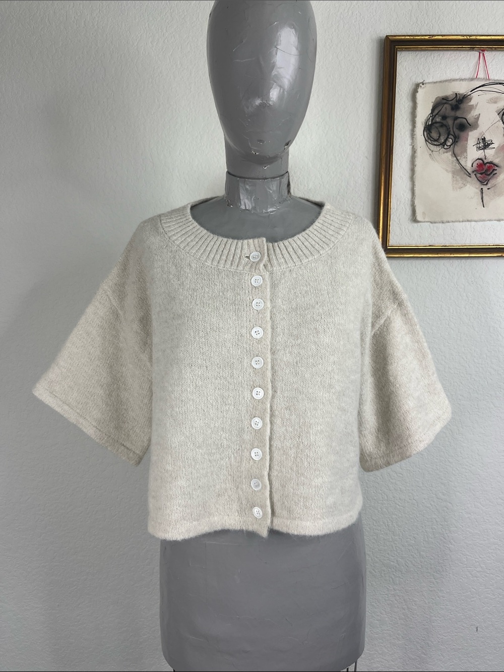 VRG GRL Hailey Knit Cardigan Oyster Short Sleeve Oversized Button Front Boxy